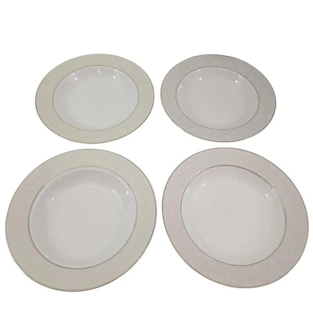 Mikasa Fine China Parchment Platinum Trim Rimmed Soup Salad Bowls – Set of 4
